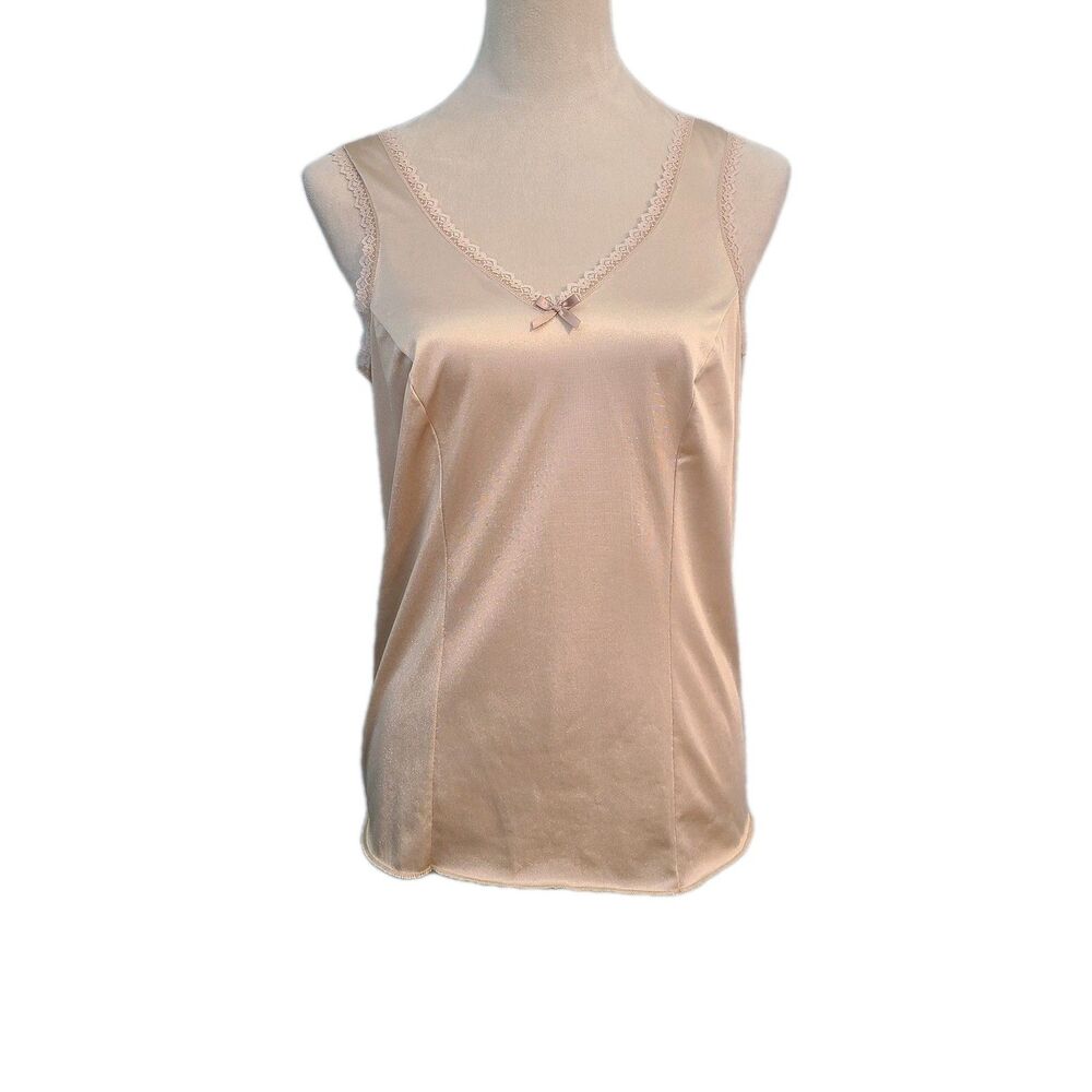 Velrose VTG Caminsole Tank Top Sz 34 Beige Nylon Lace Trim Coquette Y2K Softgirl